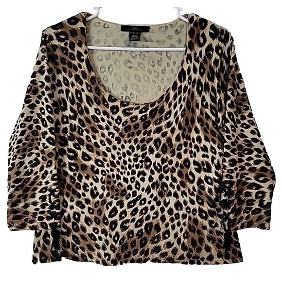 August Silk Knit Leopard Print Top 3/4 Sleeve Silk Blend Women's Size L VTG - Picture 1 of 13
